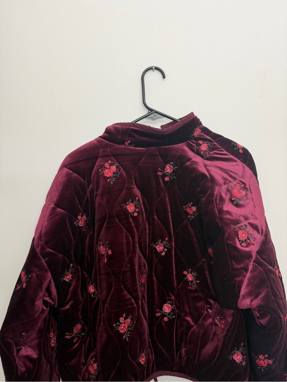 Altar'd State Freya Velvet Burgundy Quilted Jacket with Rose Floral Embroidery - Picture 6 of 6